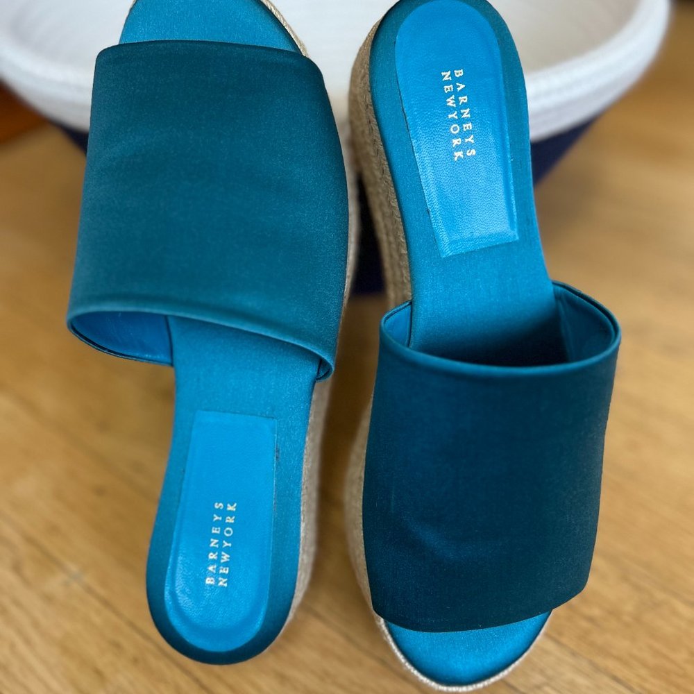 Barney’s New York Women's Aqua Satin Platform Espadrille Sandal, size 8, New
